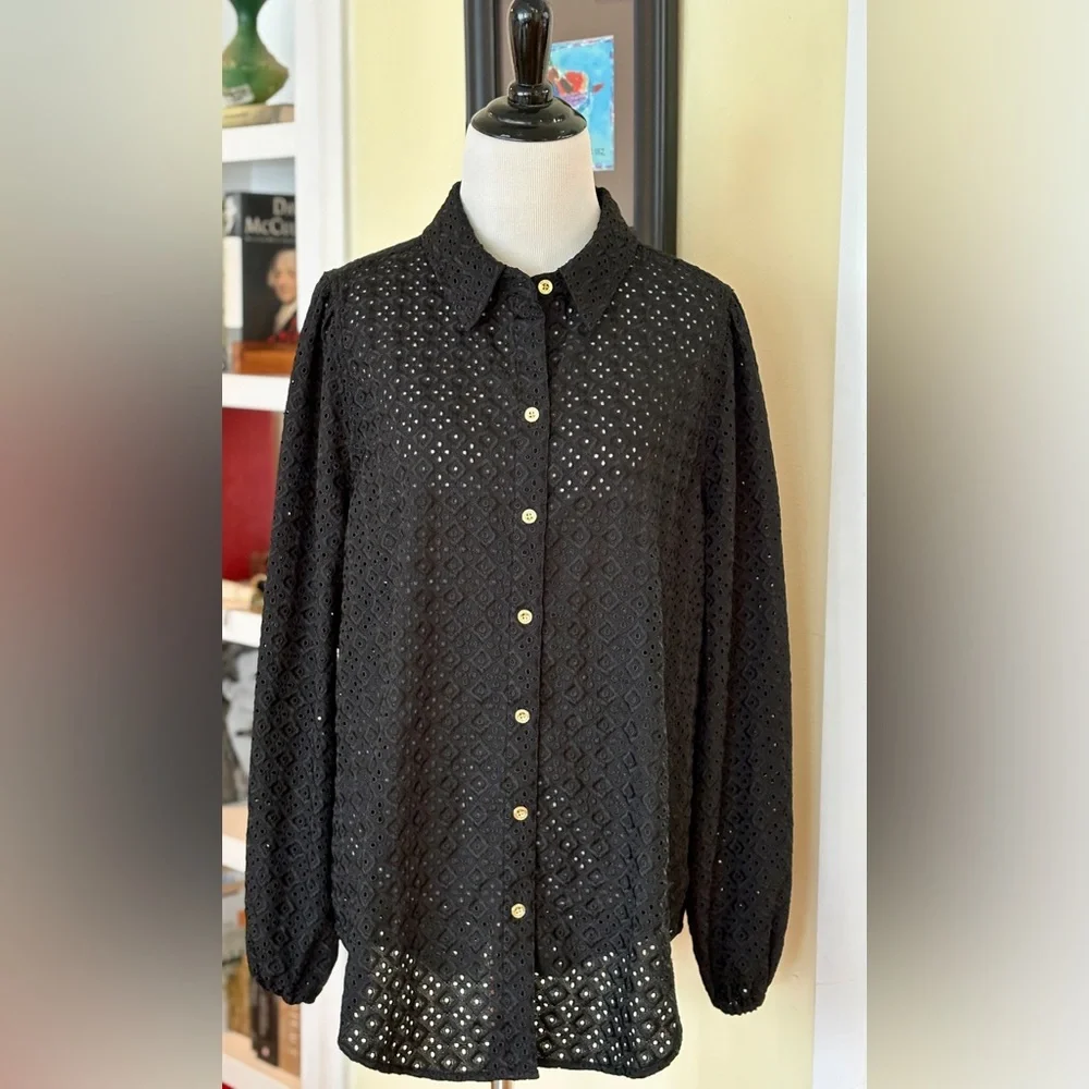 Lilly Pulitzer Top Black Sea Breeze Eyelet Long Sleeves Blouse SZ XL - Picture 2 of 8